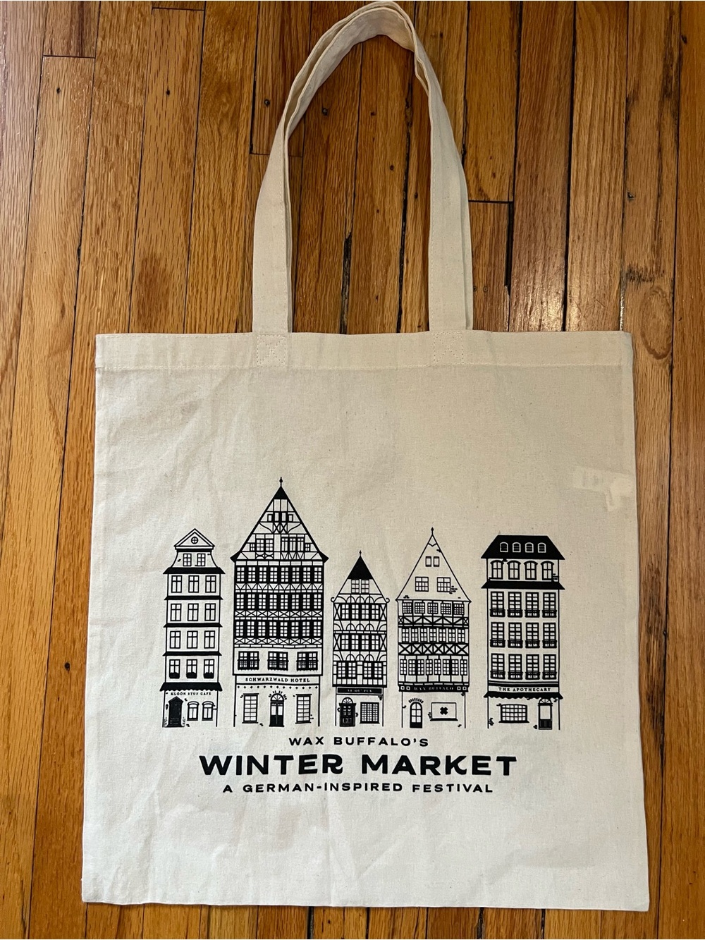 Wax Buffalo Christmas Winter Market Natural Canvas Tote with Black Print